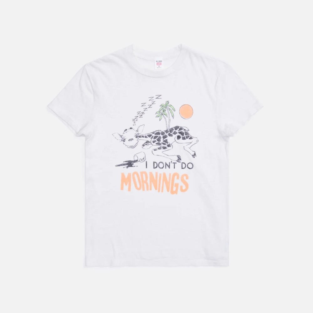 Redone 70s Loose Tee “ I Don’t Do Mornings Graphic - White with Orange Print - Picture 4 of 11